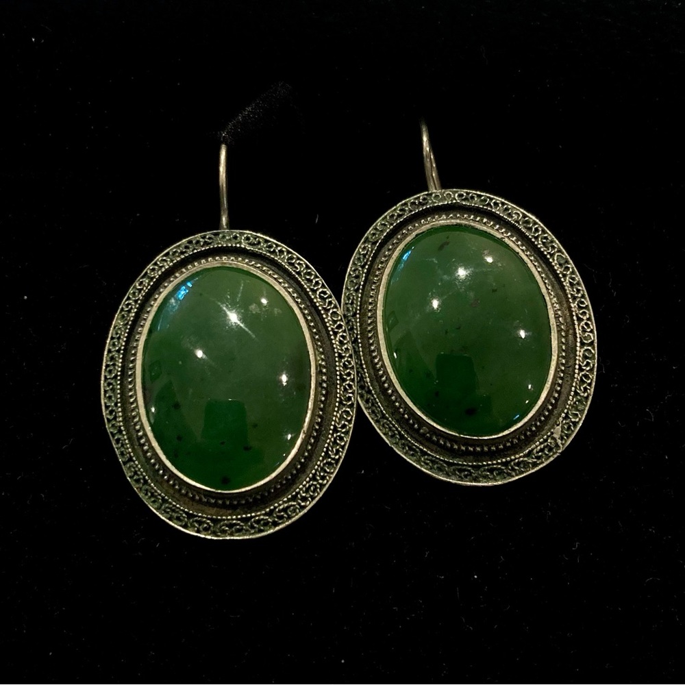 Vintage Russian Filigree Sterling Silver Jade Green Oval Earrings 1.25" ELEGANT!